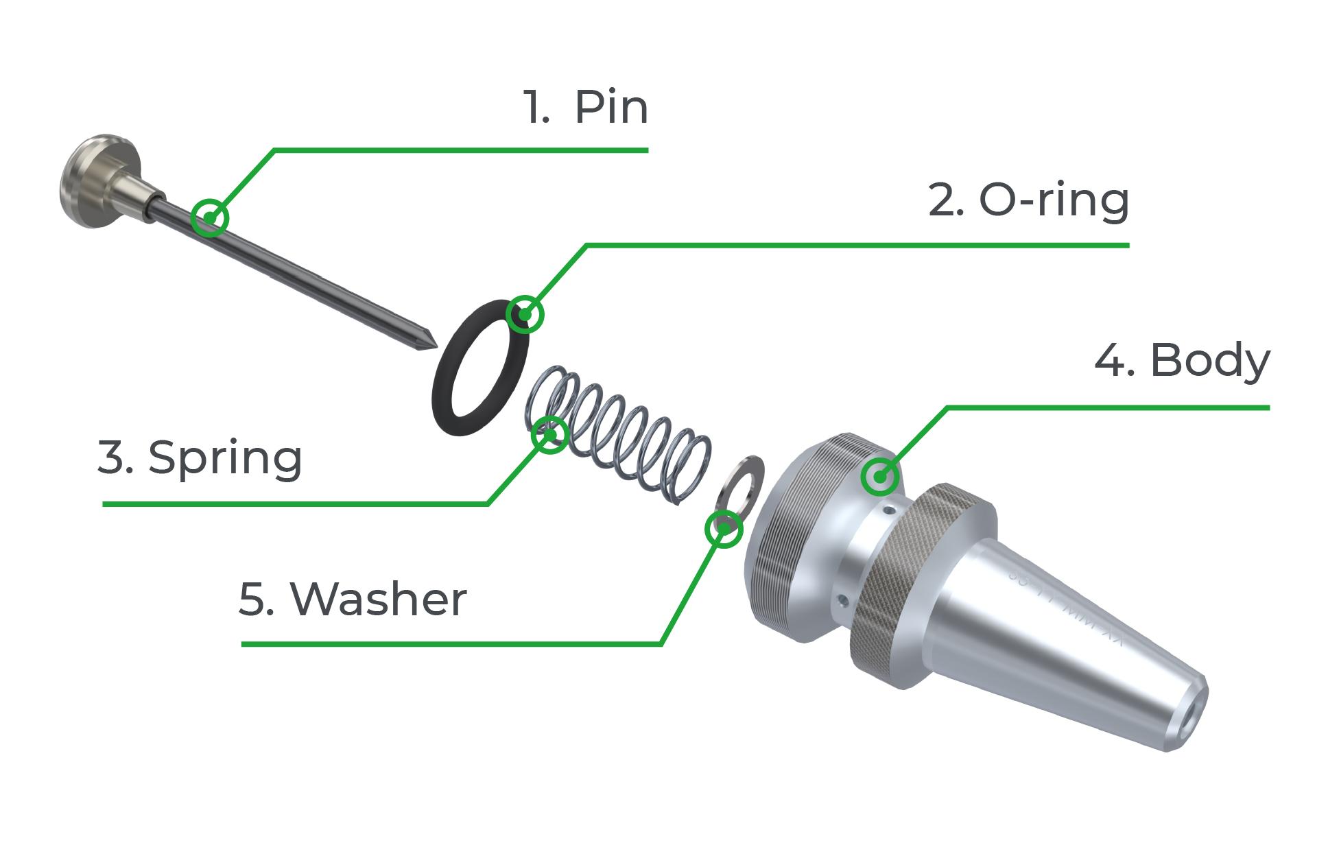 Exploded view of pneumatic dot peen stylus from gravotech