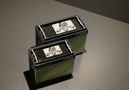 Custom ink stamp featuring engraved logo on self-inking rubber stamp